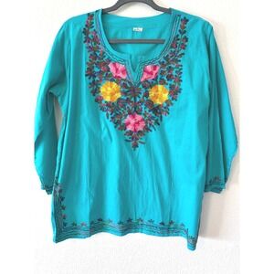 Vintage Embroidered Cotton Tunic Top Turquoise Blue Floral Boho Blouse XL India